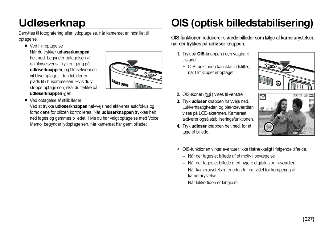 Samsung EC-I100ZGBA/E3, EC-I100ZSBA/E3, EC-I100ZRBA/E3, EC-I100ZBBA/E3 manual Udløserknap, OIS optisk billedstabilisering, 027 