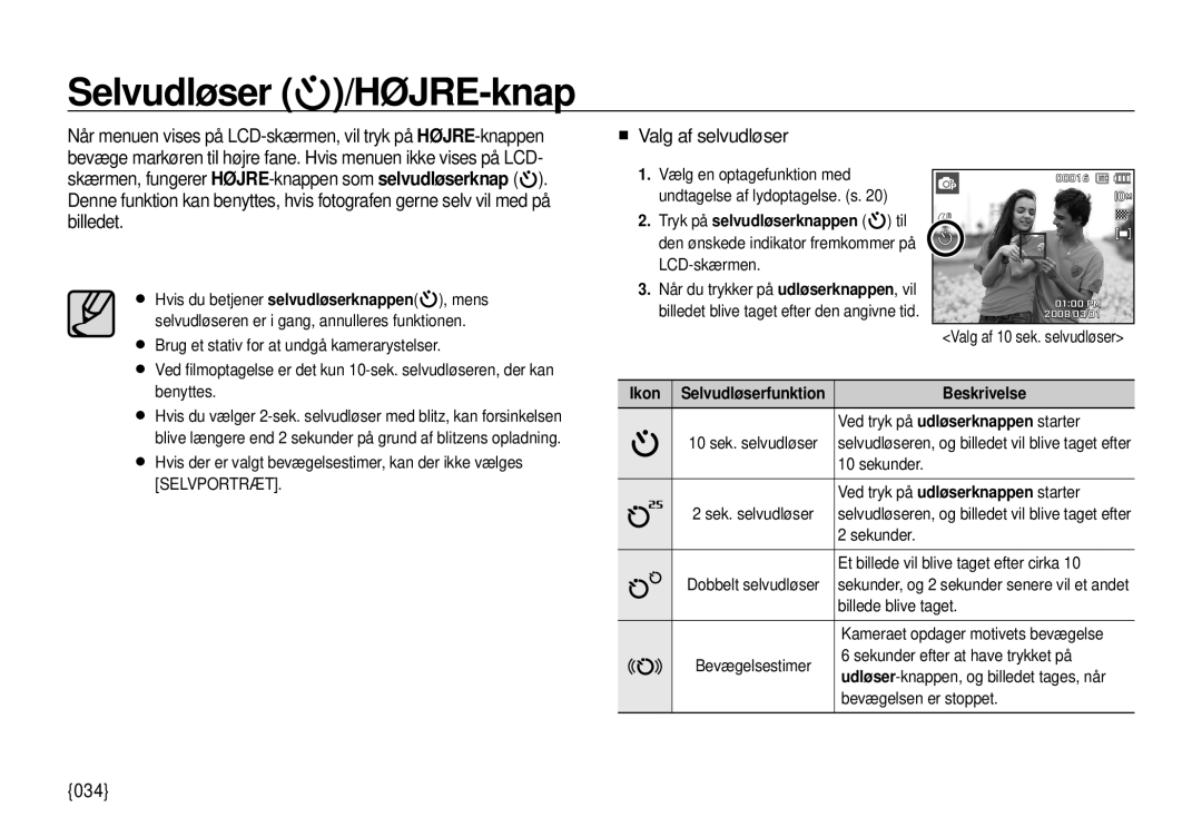 Samsung EC-I100ZBBA/E3, EC-I100ZGBA/E3, EC-I100ZSBA/E3, EC-I100ZRBA/E3 manual Selvudløser /HØJRE-knap, 034, Selvportræt, Ikon 