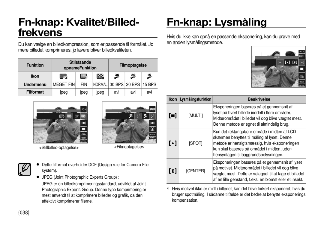 Samsung EC-I100ZBBA/E3, EC-I100ZGBA/E3, EC-I100ZSBA/E3 manual Fn-knap Kvalitet/Billed- frekvens, Fn-knap Lysmåling, 038, Fin 