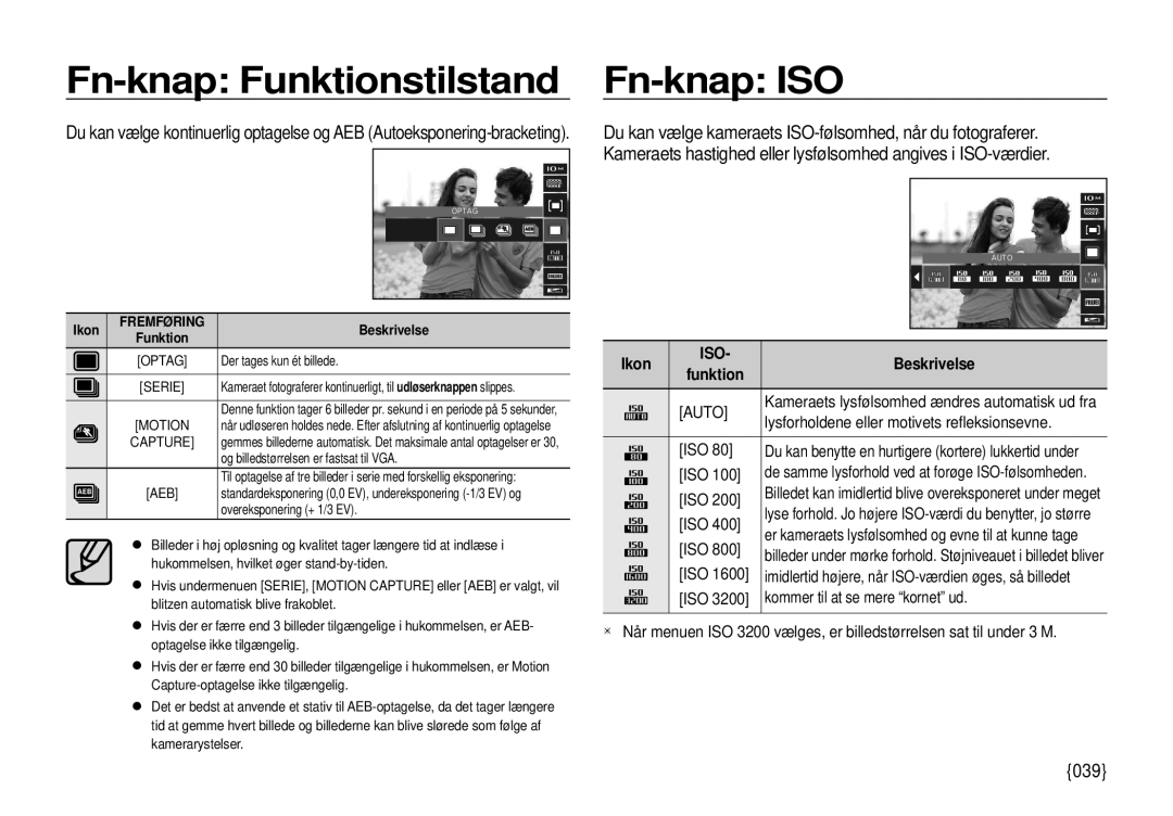 Samsung EC-I100ZGBA/E3, EC-I100ZSBA/E3, EC-I100ZRBA/E3, EC-I100ZBBA/E3 Fn-knap Funktionstilstand, Fn-knap ISO, 039, Auto 