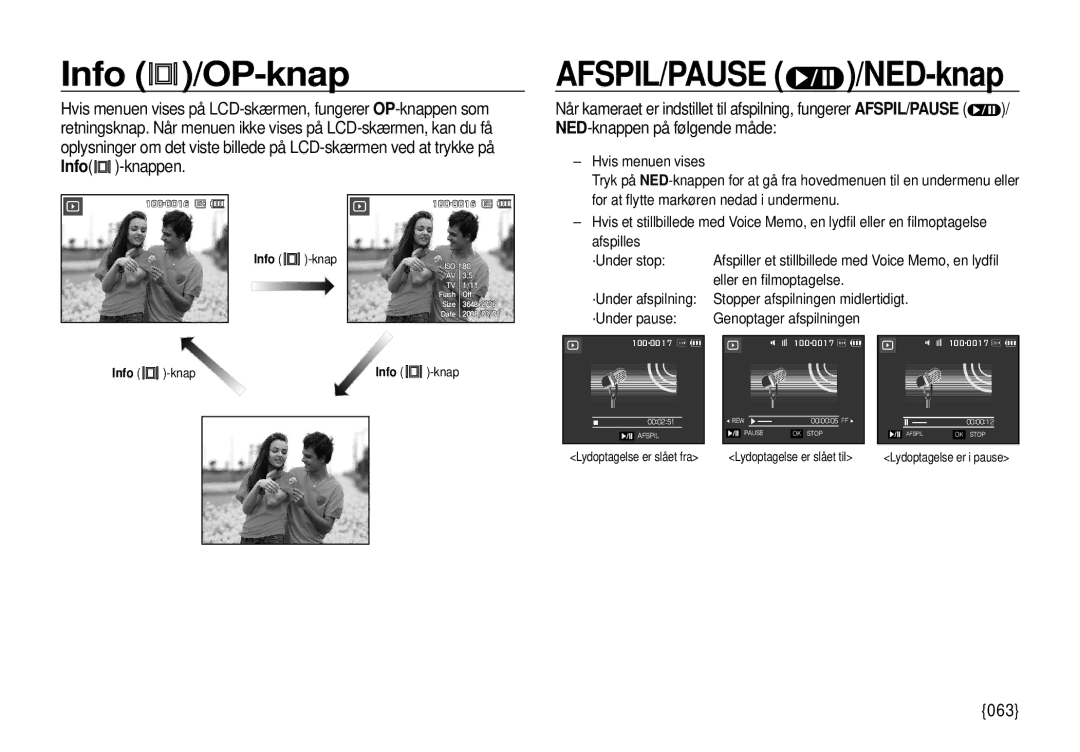 Samsung EC-I100ZGBA/E3, EC-I100ZSBA/E3, EC-I100ZRBA/E3, EC-I100ZBBA/E3 manual Info /OP-knap, AFSPIL/PAUSE /NED-knap, 063 