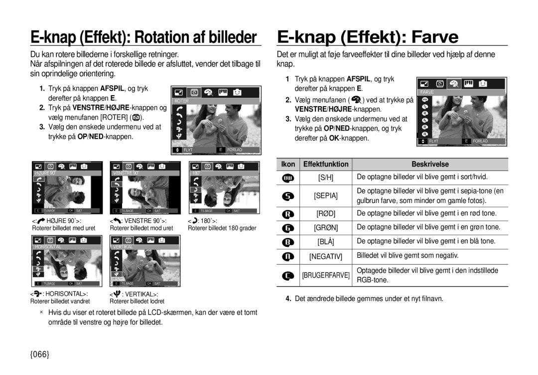 Samsung EC-I100ZBBA/E3, EC-I100ZGBA/E3 manual Knap Effekt Farve, 066, De optagne billeder vil blive gemt i sort/hvid 