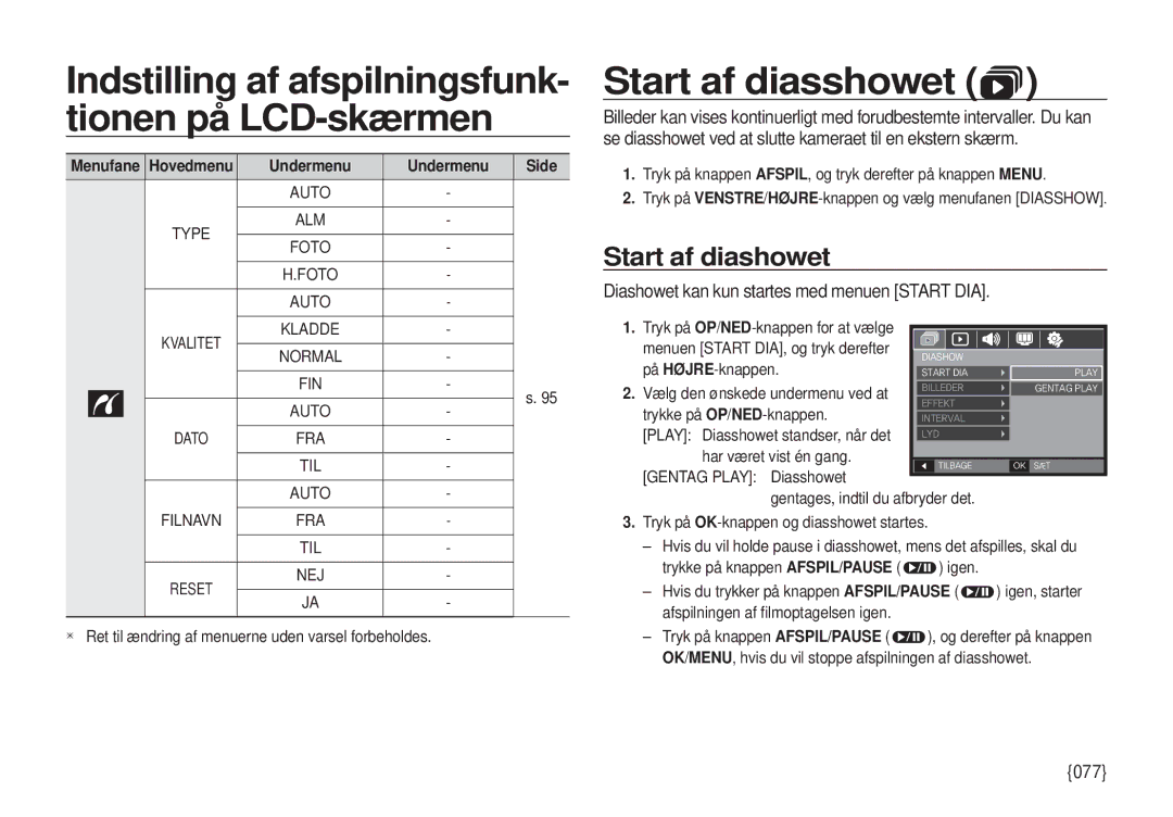 Samsung EC-I100ZRBA/E3 Indstilling af afspilningsfunk- tionen på LCD-skærmen, Start af diasshowet, Start af diashowet, 077 