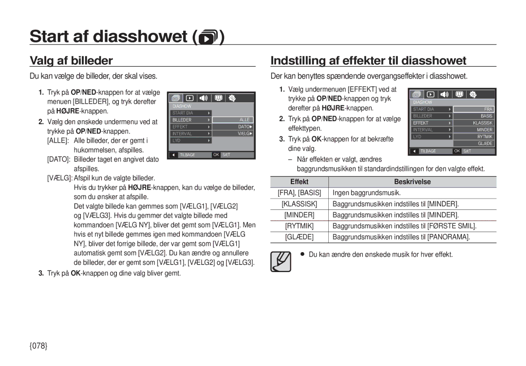 Samsung EC-I100ZBBA/E3 Valg af billeder, Indstilling af effekter til diasshowet, Du kan vælge de billeder, der skal vises 