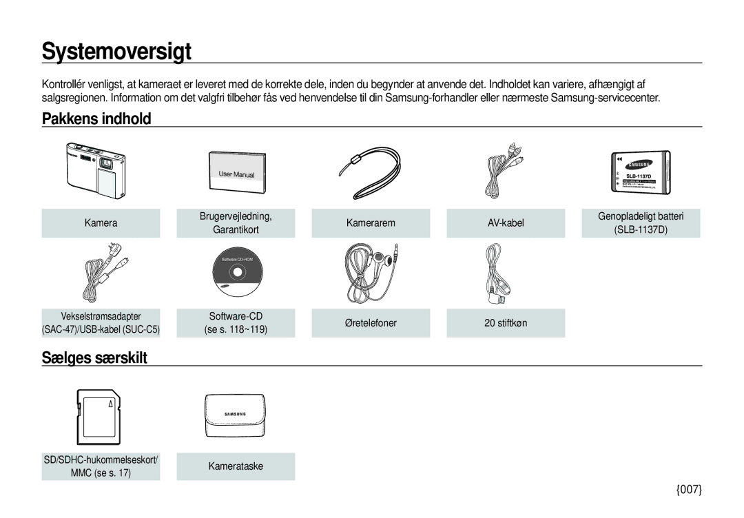 Samsung EC-I100ZGBA/E3, EC-I100ZSBA/E3, EC-I100ZRBA/E3, EC-I100ZBBA/E3 Systemoversigt, Pakkens indhold, Sælges særskilt, 007 