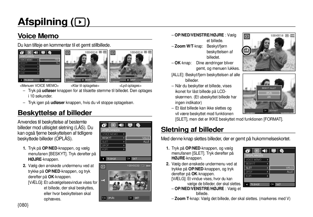 Samsung EC-I100ZSBA/E3, EC-I100ZGBA/E3 manual Afspilning, Voice Memo, Beskyttelse af billeder, Sletning af billeder 