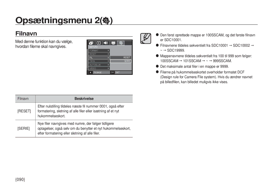 Samsung EC-I100ZBBA/E3, EC-I100ZGBA/E3, EC-I100ZSBA/E3, EC-I100ZRBA/E3 manual Filnavn, 090, Reset, Serie 