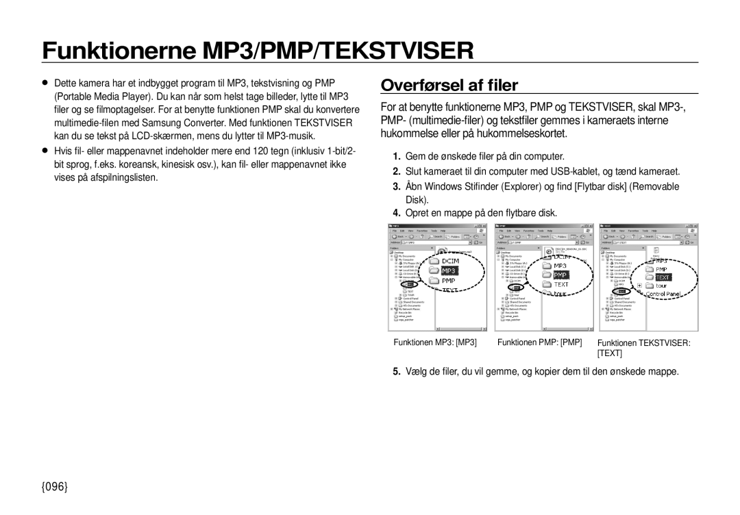 Samsung EC-I100ZSBA/E3, EC-I100ZGBA/E3, EC-I100ZRBA/E3 manual Funktionerne MP3/PMP/TEKSTVISER, Overførsel af ﬁler, 096 