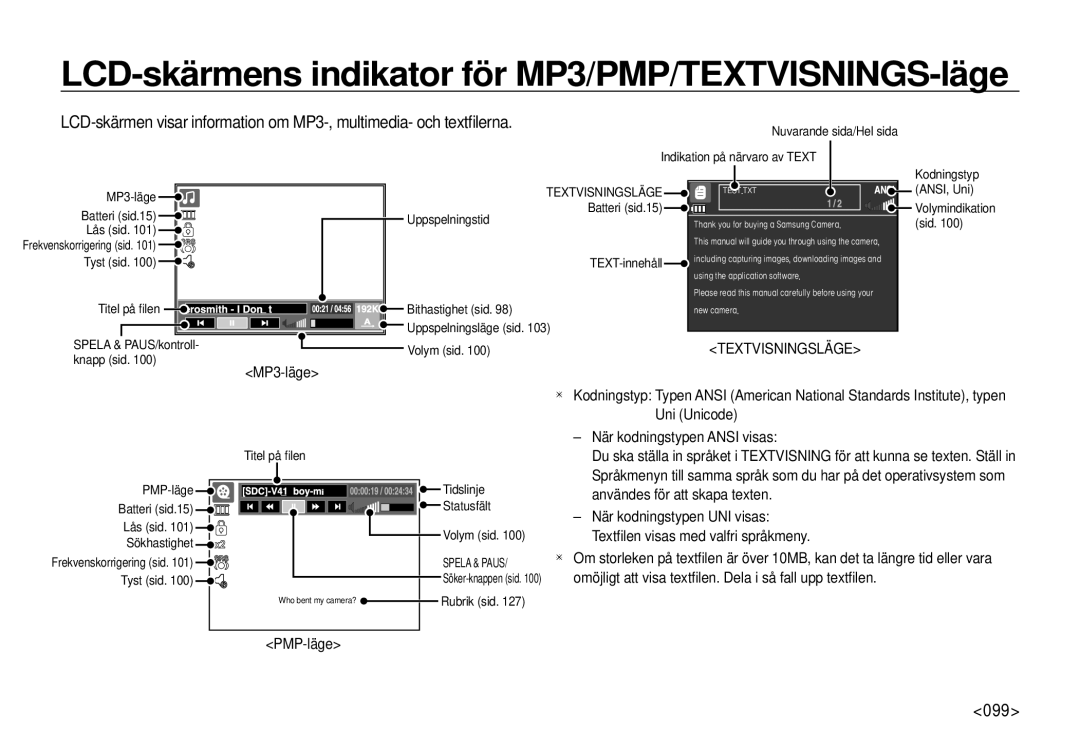 Samsung EC-I100ZGBA/E3, EC-I100ZSBA/E3, EC-I100ZRBA/E3 manual LCD-skärmens indikator för MP3/PMP/TEXTVISNINGS-läge, 099 