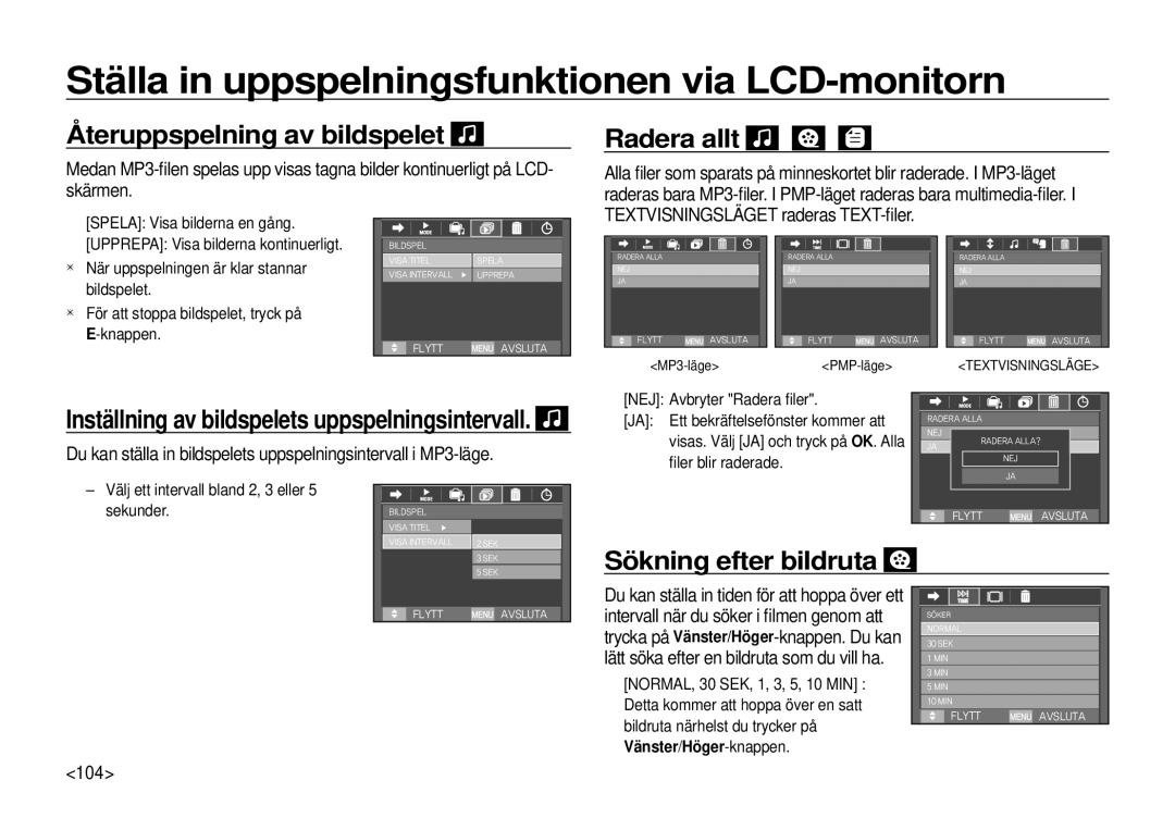 Samsung EC-I100ZSBA/E3, EC-I100ZGBA/E3 manual Återuppspelning av bildspelet, Radera allt, Sökning efter bildruta, 104 