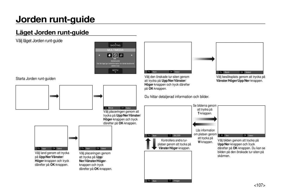 Samsung EC-I100ZGBA/E3 manual Läget Jorden runt-guide, Välj läget Jorden runt-guide, 107, Starta Jorden runt-guiden 