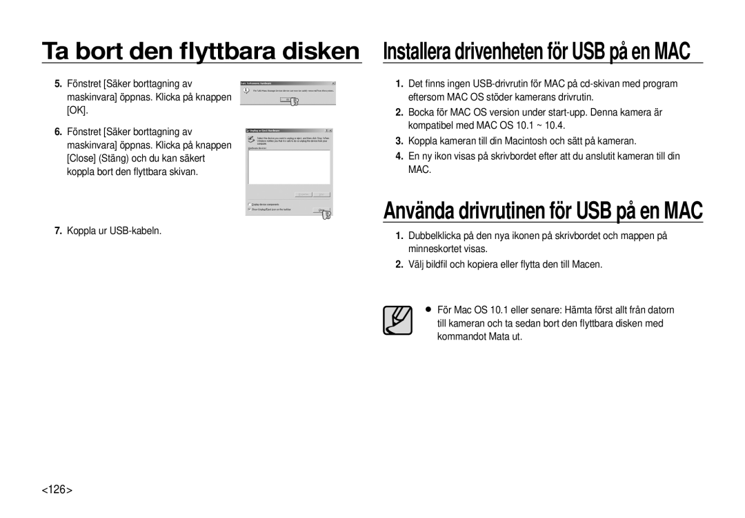 Samsung EC-I100ZBBA/E3, EC-I100ZGBA/E3, EC-I100ZSBA/E3, EC-I100ZRBA/E3 manual Använda drivrutinen för USB på en MAC, 126 