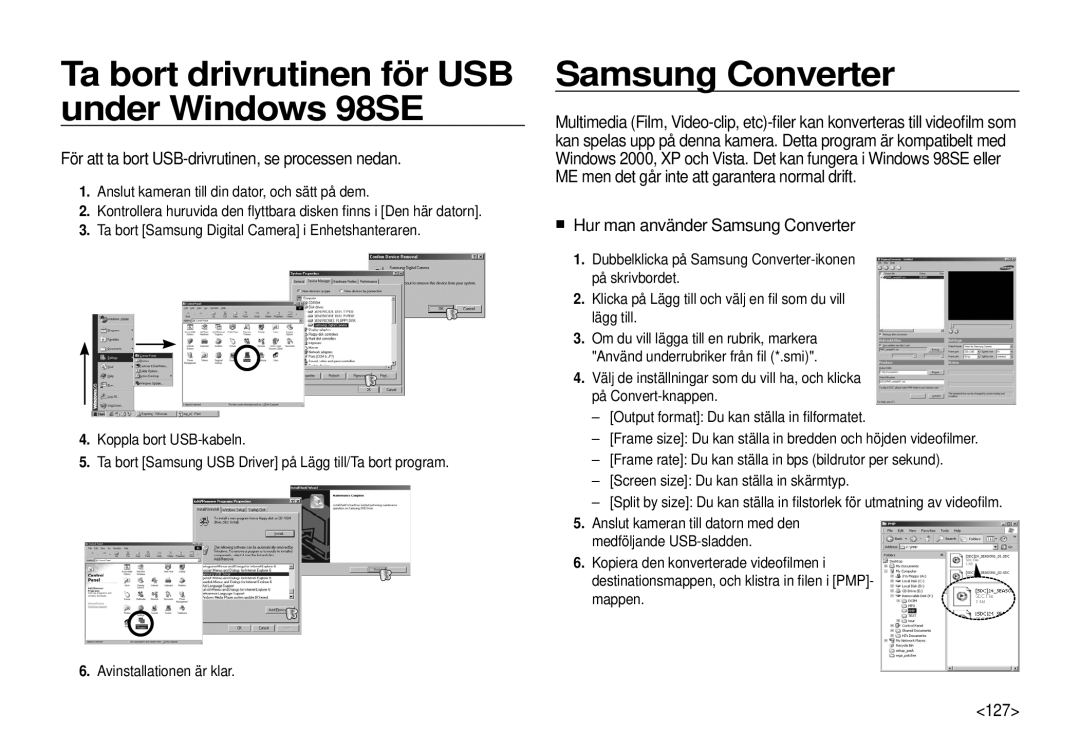 Samsung EC-I100ZGBA/E3, EC-I100ZSBA/E3 manual Ta bort drivrutinen för USB under Windows 98SE, Samsung Converter, 127 