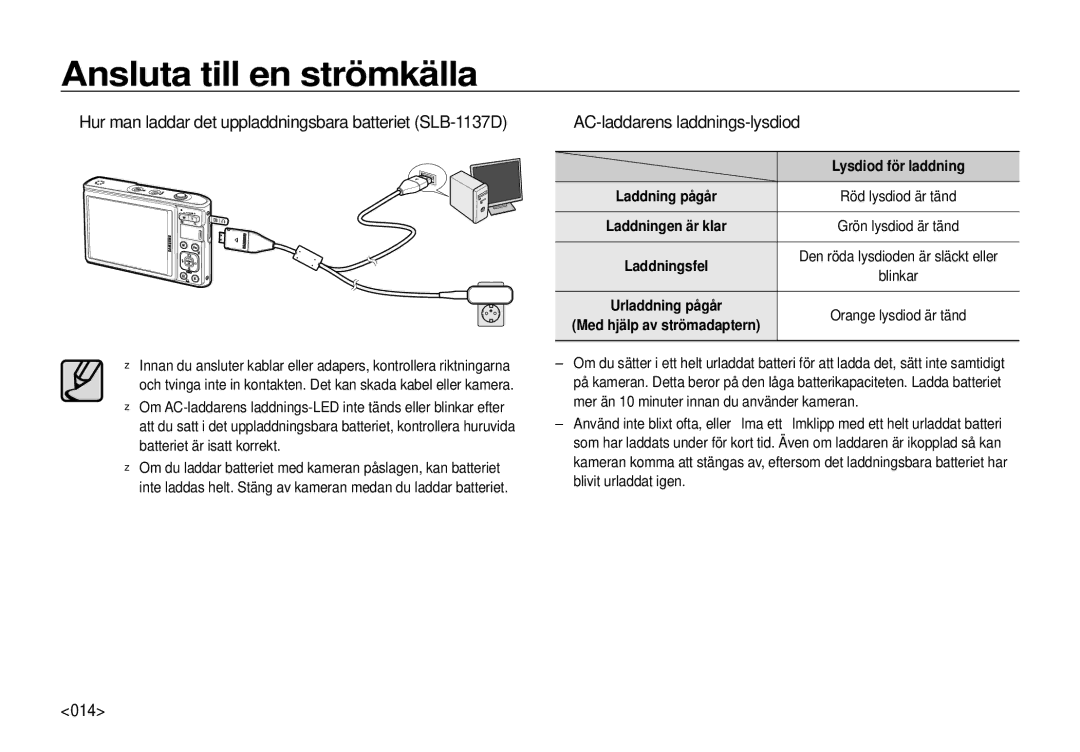 Samsung EC-I100ZBBA/E3 manual Hur man laddar det uppladdningsbara batteriet SLB-1137D, AC-laddarens laddnings-lysdiod, 014 