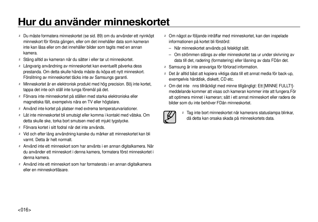 Samsung EC-I100ZSBA/E3, EC-I100ZGBA/E3, EC-I100ZRBA/E3, EC-I100ZBBA/E3 manual Hur du använder minneskortet, 016 