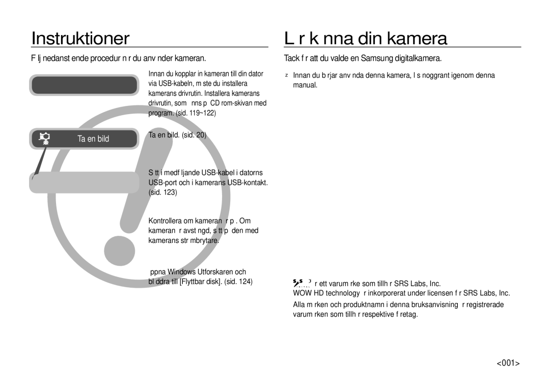 Samsung EC-I100ZRBA/E3 manual Instruktioner, Lär känna din kamera, Följ nedanstående procedur när du använder kameran, 001 