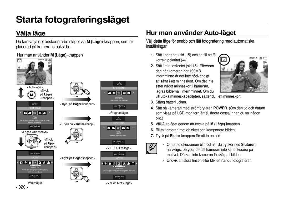 Samsung EC-I100ZSBA/E3, EC-I100ZGBA/E3 manual Starta fotograferingsläget, Välja läge, Hur man använder Auto-läget, 020 