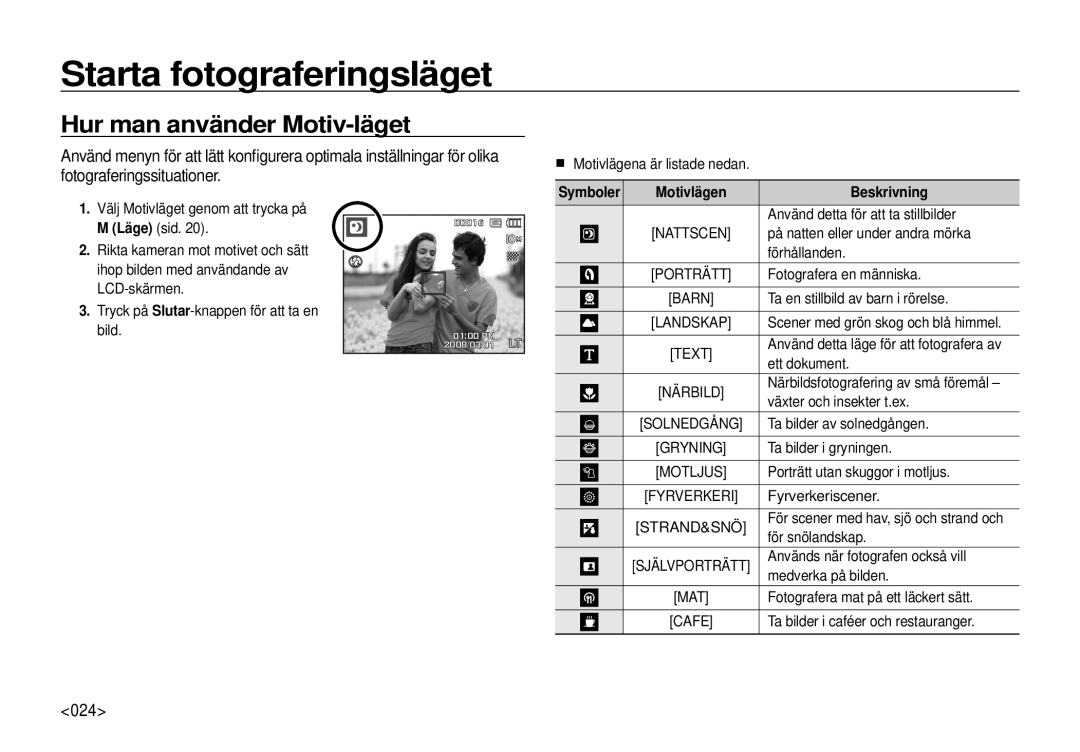 Samsung EC-I100ZSBA/E3, EC-I100ZGBA/E3, EC-I100ZRBA/E3, EC-I100ZBBA/E3 manual Hur man använder Motiv-läget, 024 