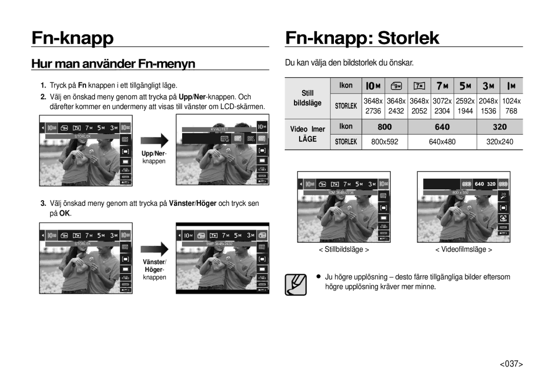 Samsung EC-I100ZRBA/E3 Fn-knapp Fn-knapp Storlek, Hur man använder Fn-menyn, Du kan välja den bildstorlek du önskar, 037 