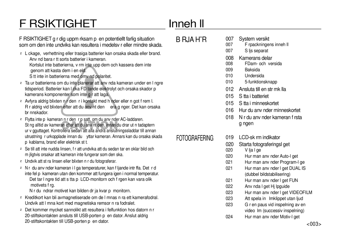 Samsung EC-I100ZGBA/E3, EC-I100ZSBA/E3, EC-I100ZRBA/E3, EC-I100ZBBA/E3 manual Innehåll 