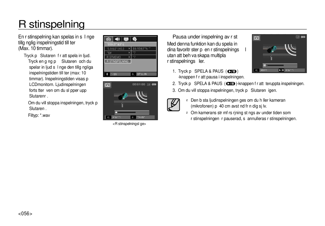 Samsung EC-I100ZSBA/E3, EC-I100ZGBA/E3, EC-I100ZRBA/E3, EC-I100ZBBA/E3 manual Röstinspelning, Max timmar, 056 