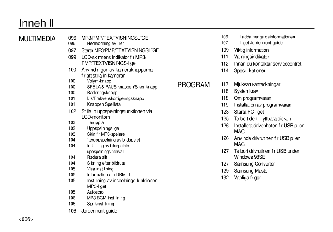 Samsung EC-I100ZBBA/E3 Starta MP3/PMP/TEXTVISNINGSLÄGE, Jorden runt-guide, 126 Använda drivrutinen för USB på en, 006 