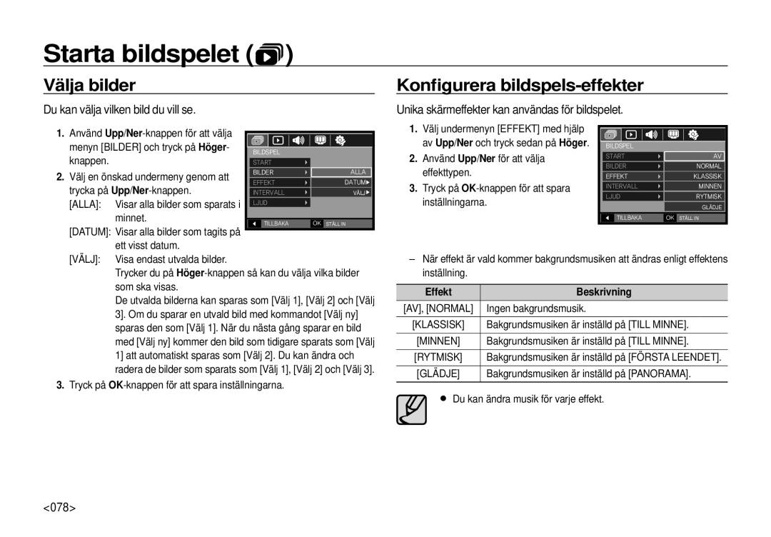 Samsung EC-I100ZBBA/E3 manual Välja bilder, Konﬁgurera bildspels-effekter, Du kan välja vilken bild du vill se, 078 