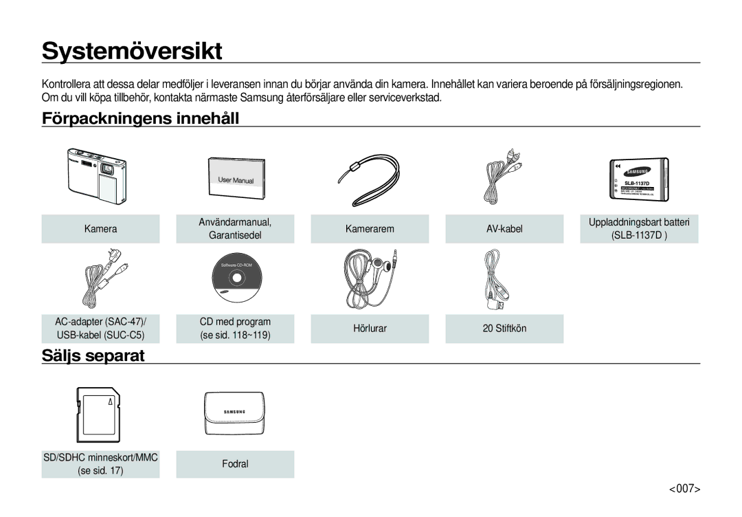 Samsung EC-I100ZGBA/E3, EC-I100ZSBA/E3, EC-I100ZRBA/E3 manual Systemöversikt, Förpackningens innehåll, Säljs separat, 007 