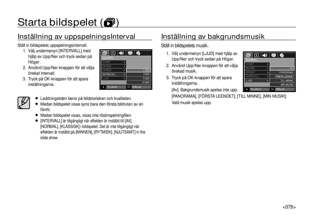 Samsung EC-I100ZGBA/E3, EC-I100ZSBA/E3 manual Ställ in bildspelets musik, 079, Ställ in bildspelets uppspelningsintervall 