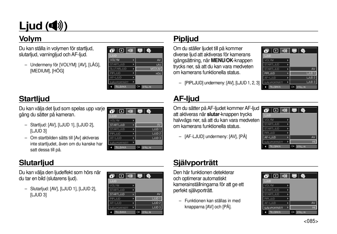 Samsung EC-I100ZRBA/E3, EC-I100ZGBA/E3 manual Ljud, Volym Pipljud, Startljud AF-ljud, Slutarljud Självporträtt, 085 