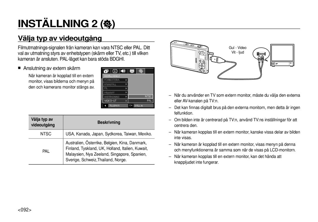 Samsung EC-I100ZSBA/E3 Välja typ av videoutgång, Anslutning av extern skärm, 092, Välja typ av Beskrivning Videoutgång 