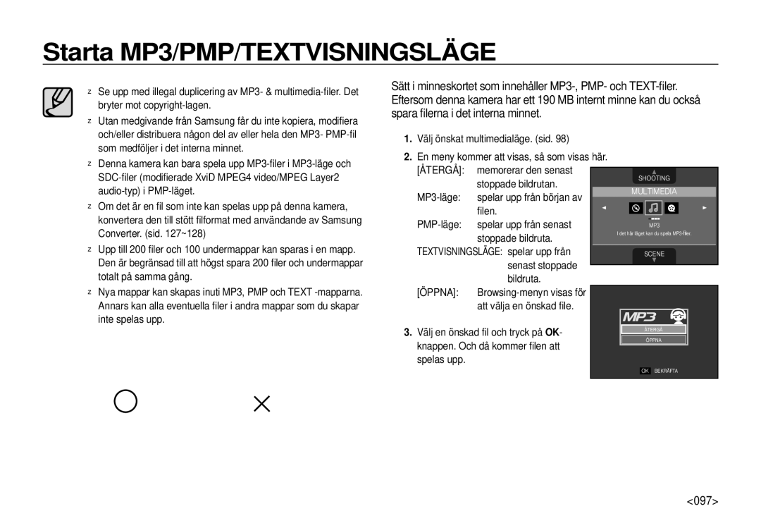 Samsung EC-I100ZRBA/E3, EC-I100ZGBA/E3, EC-I100ZSBA/E3, EC-I100ZBBA/E3 manual Starta MP3/PMP/TEXTVISNINGSLÄGE, 097 