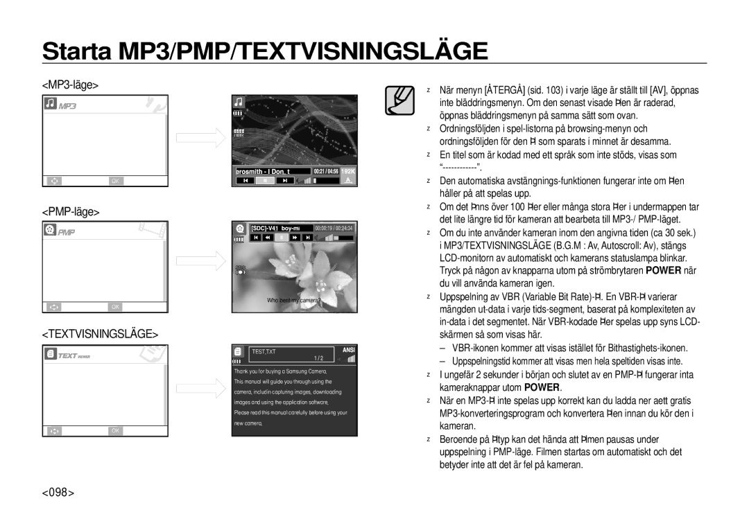 Samsung EC-I100ZBBA/E3, EC-I100ZGBA/E3, EC-I100ZSBA/E3, EC-I100ZRBA/E3 manual 098, Textvisningsläge 