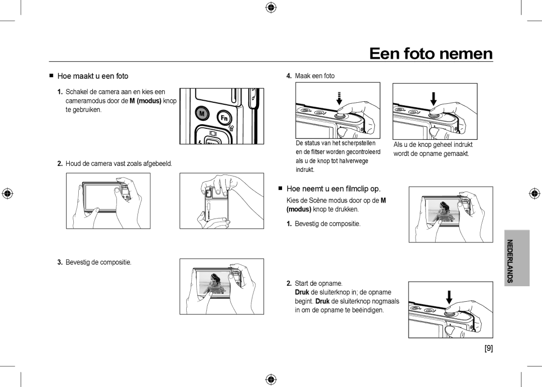 Samsung EC-I100ZABA/IT manual Een foto nemen,  Hoe maakt u een foto,  Hoe neemt u een ﬁlmclip op, Bevestig de compositie 