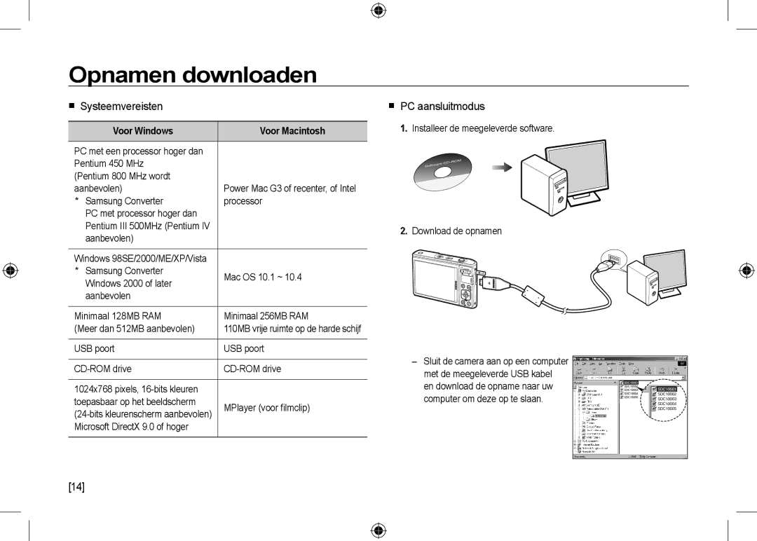 Samsung EC-I100ZABA/AS manual Opnamen downloaden,  Systeemvereisten,  PC aansluitmodus, Voor Windows Voor Macintosh 