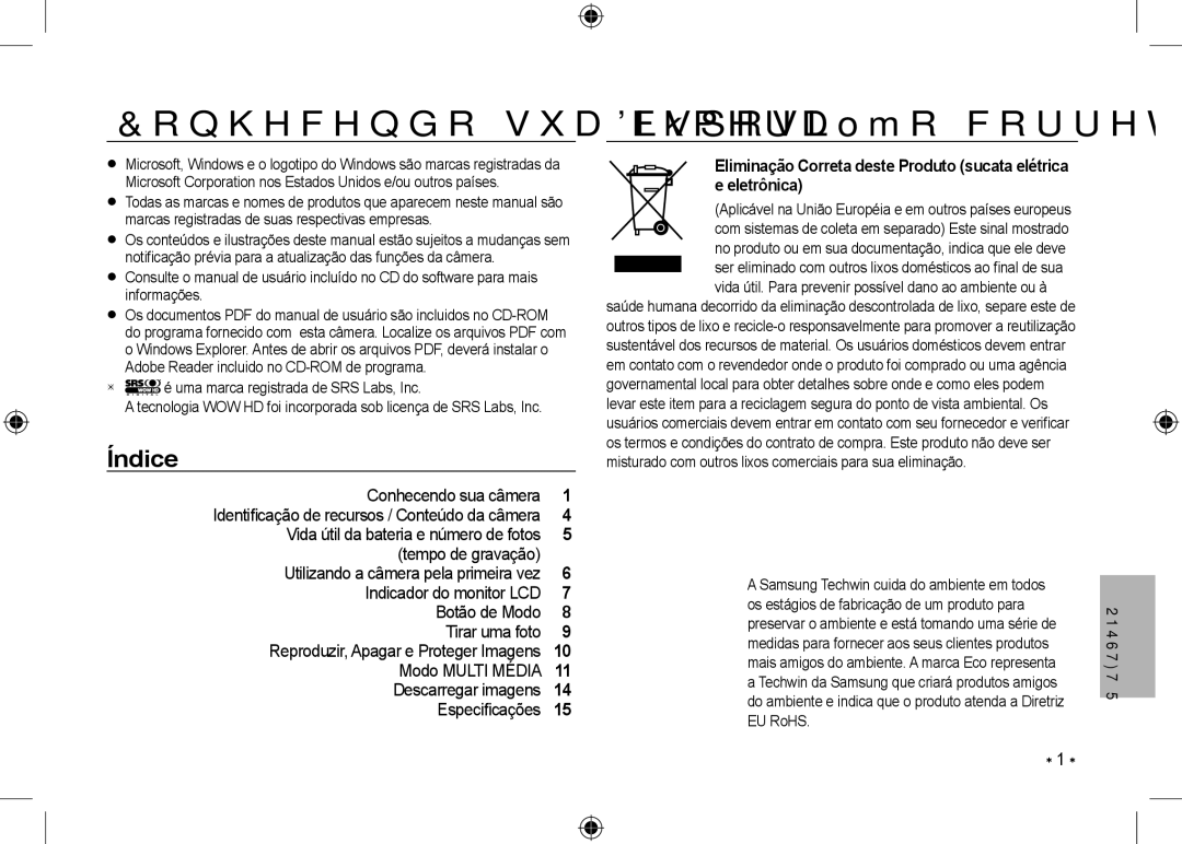 Samsung EC-I100ZABA/E3, EC-I100ZGBA/E3, EC-I100ZSBA/FR manual Conhecendo sua câmera, Disposição correta deste produto, Índice 