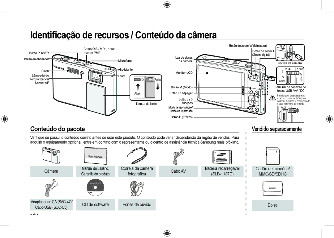 Samsung EC-I100ZNWB/RU, EC-I100ZGBA/E3, EC-I100ZSBA/FR Identiﬁcação de recursos / Conteúdo da câmera, Conteúdo do pacote 