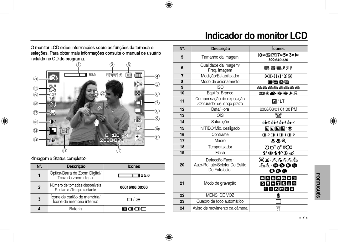 Samsung EC-I100ZGBA/RU manual Indicador do monitor LCD, Imagem e Status completo, Ícones, Qualidade da imagem Freq. imagem 