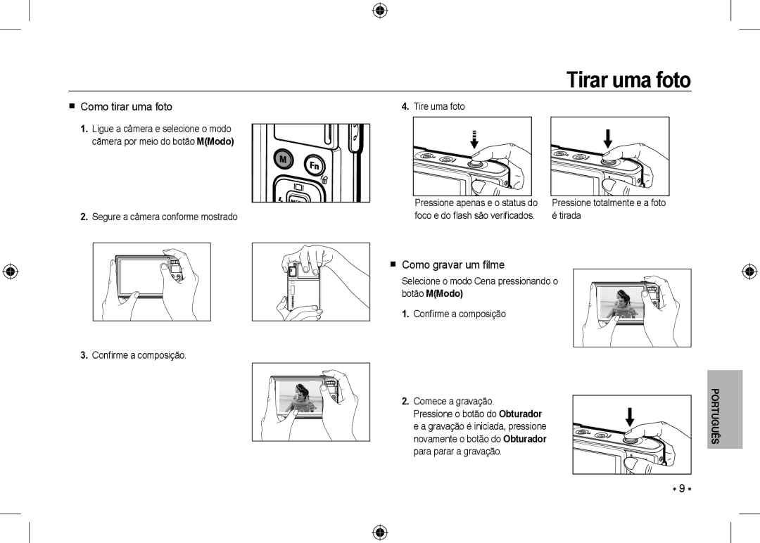 Samsung EC-I100ZBBA/RU, EC-I100ZGBA/E3, EC-I100ZSBA/FR manual Tirar uma foto,  Como tirar uma foto,  Como gravar um ﬁlme 