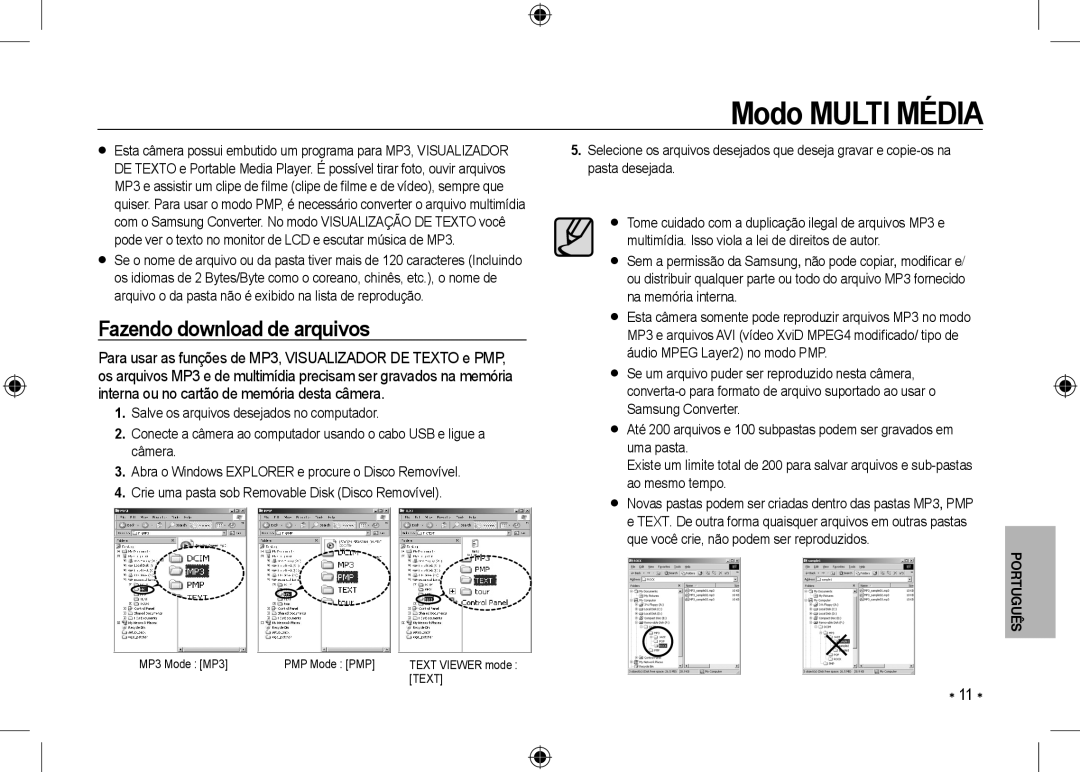 Samsung EC-I100ZSBA/FR, EC-I100ZGBA/E3, EC-I100ZGBA/FR, EC-I100ZSBA/E3 manual Modo Multi Média, Fazendo download de arquivos 