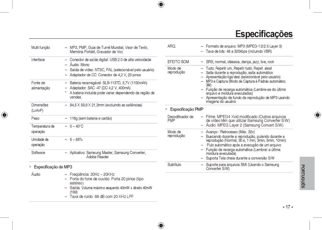 Samsung EC-I100ZRBA/FR, EC-I100ZGBA/E3, EC-I100ZSBA/FR manual  Especiﬁcação de MP3,  Especiﬁcação PMP, Arq, Efeito SOM 