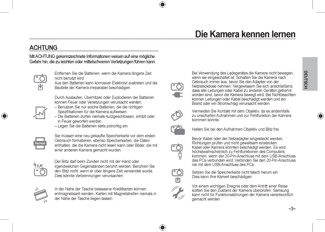 Samsung EC-I100ZNBA/RU, EC-I100ZGBA/E3 manual Achtung, ~3~, Wenn sie eingeschaltet ist. Schalten Sie die Kamera nach 