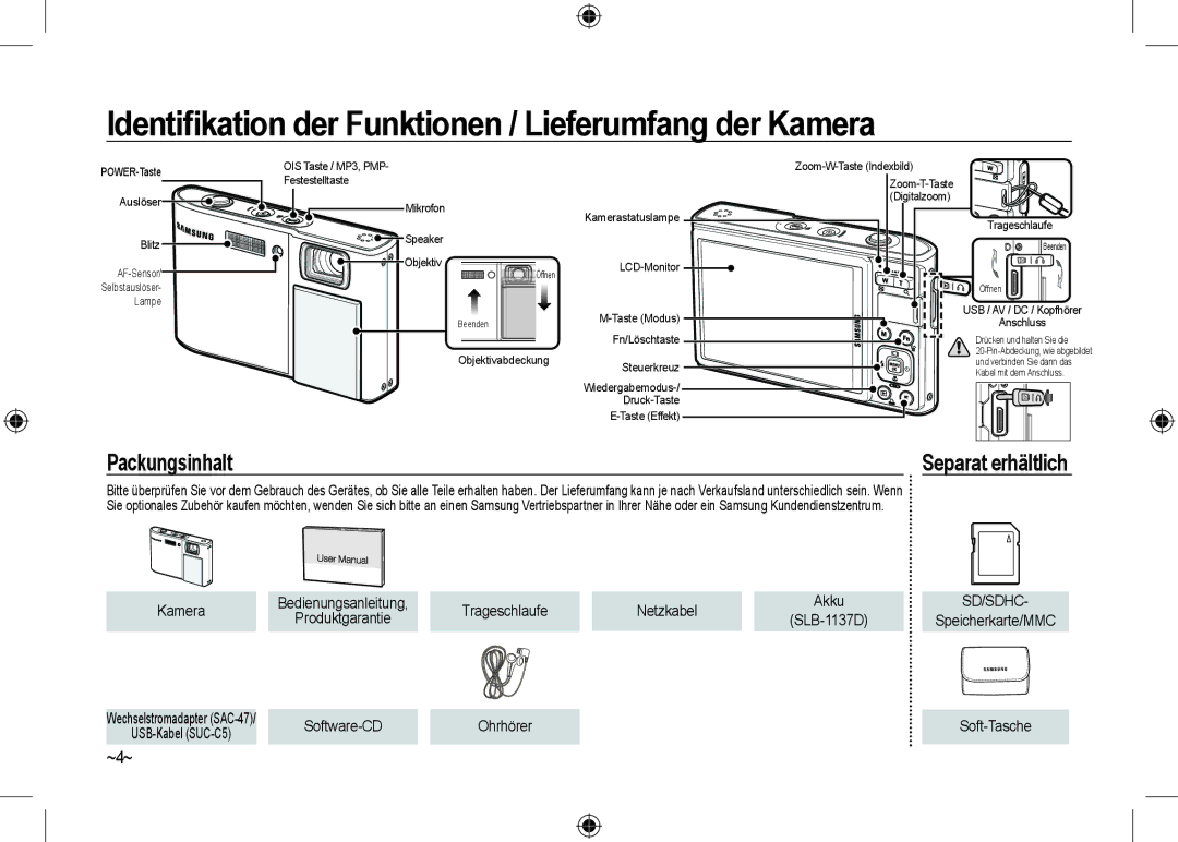 Samsung EC-I100ZNWB/RU manual Identiﬁkation der Funktionen / Lieferumfang der Kamera, ~4~, Netzkabel, USB-Kabel SUC-C5 