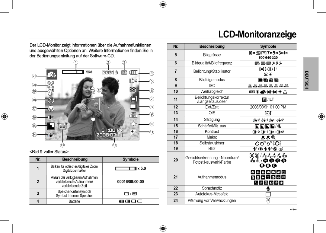 Samsung EC-I100ZGBA/RU, EC-I100ZGBA/E3, EC-I100ZSBA/FR manual LCD-Monitoranzeige, Bild & voller Status, ~7~, Symbole 