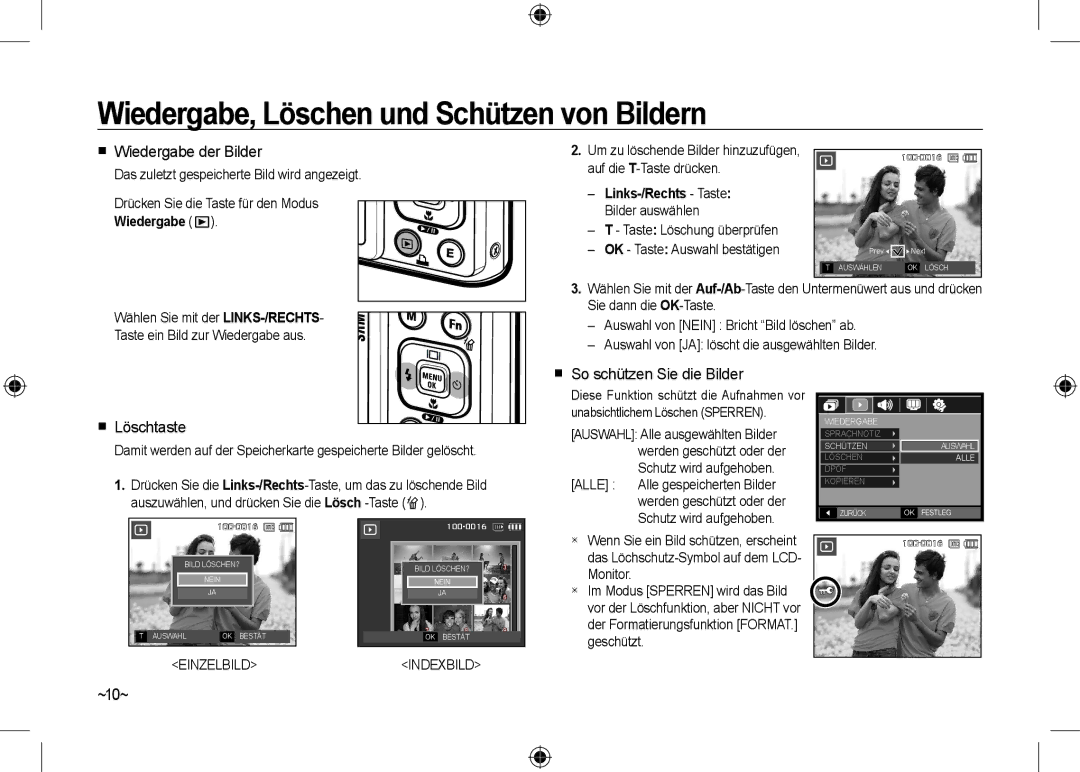 Samsung EC-I100ZGBA/E3 manual Wiedergabe, Löschen und Schützen von Bildern,  Wiedergabe der Bilder,  Löschtaste, ~10~ 