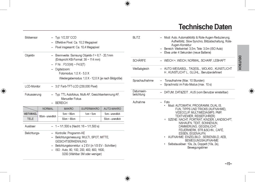 Samsung EC-I100ZBBA/FR, EC-I100ZGBA/E3, EC-I100ZSBA/FR, EC-I100ZGBA/FR, EC-I100ZSBA/E3, EC-I100ZRBA/E3 Technische Daten, ~15~ 