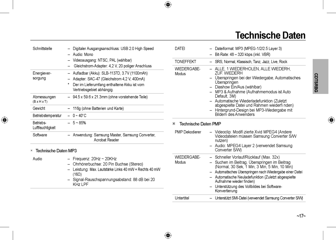 Samsung EC-I100ZRBA/FR, EC-I100ZGBA/E3, EC-I100ZSBA/FR, EC-I100ZGBA/FR ~17~,  Technische Daten MP3,  Technische Daten PMP 