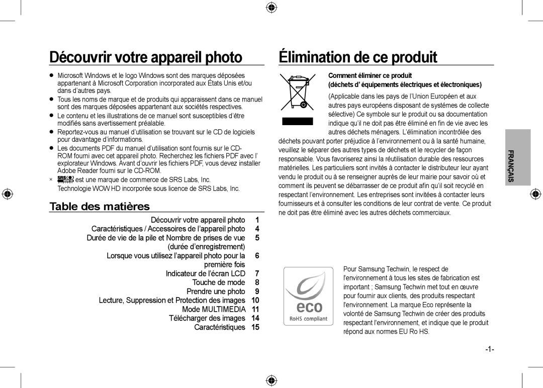 Samsung EC-I100ZGBA/IT, EC-I100ZGBA/E3 manual Découvrir votre appareil photo, Élimination de ce produit, Table des matières 