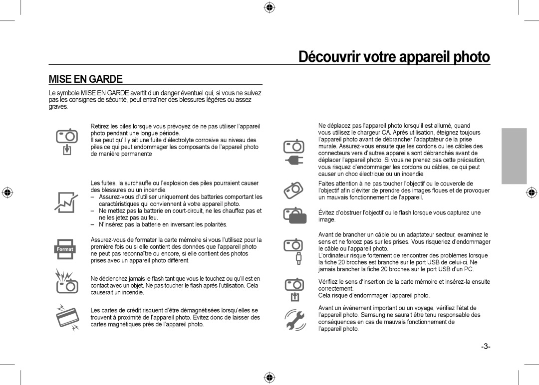 Samsung EC-I100ZABA/IT, EC-I100ZGBA/E3, EC-I100ZSBA/FR, EC-I100ZGBA/FR, EC-I100ZSBA/E3, EC-I100ZRBA/E3 manual Mise EN Garde 