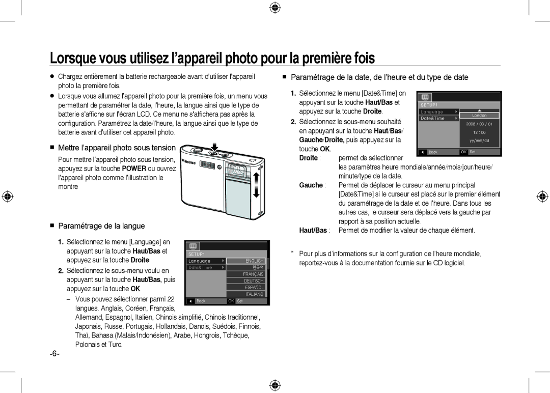 Samsung EC-I100ZSBA/E1  Paramétrage de la date, de l’heure et du type de date,  Mettre l’appareil photo sous tension 